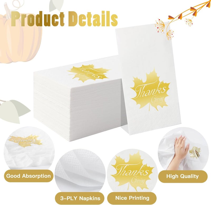 Tamone 100PCS 3-Ply Thanksgiving Napkins - Gold Paper Napkins Maple Design - White and Gold Napkins Disposable - Premium Quality Dinner Napkins Soft and Absorbent for Wedding Party Birthday - Image 3
